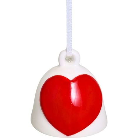 Ciondolo a forma di campana in ceramica bianca con cuore rosso, 5x5x5,5 cm.