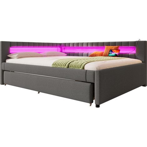 Letto daybed 140x200 cm in tessuto grigio con LED multicolore, USB e Type-C, letto estraibile, per camera da letto o studio  CHICFURN (1/5)