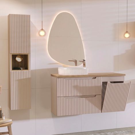 Set di mobili con lavabo singolo da 120 cm, cesto della biancheria, 2 cassetti e colonna Riva in cachemire e legno (1/5)