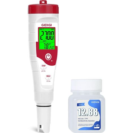 Testeur numérique de pH sel, salinité pour piscine d'eau salée avec solution d'étalonnage de 12,88 mS/cm, lecteur de pH TDS PPM EC pour aquarium (1/5)