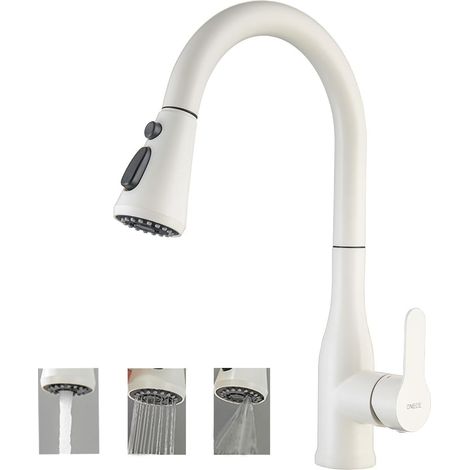 Robinet de Cuisine Beige avec Douchette Extractible, Mitigeur Evier Pivotant 3 Jets d'eau, Robinettrie Rotatif 360° pour Evier Double, Acier Inoxydable, Cartouche Céramique