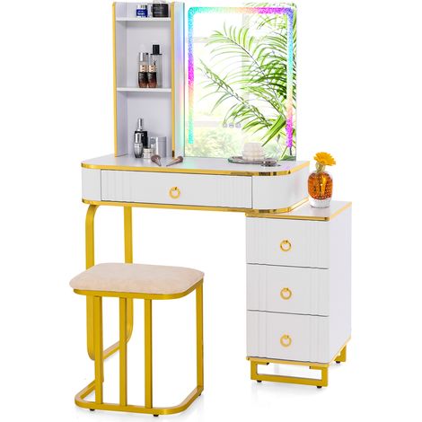 COSTWAY RGB Vanity Table Set Bedroom Dressing Table w/ Mirror & Lights-White (1/5)