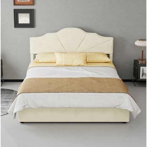 Cama moderna tapizada en tela beige 140x200 cm con cabecero geométrico y colchón incluido