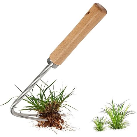 Désherbeur manuel, outil de désherbage manuel en acier inoxydable, arrache-mauvaises herbes, désherbeur manuel de jardin avec manche en bois pour un désherbage rapide du sol et du jardin (1/5)