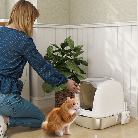 Litière pour chat 52,4x41,3x42 cm en acier inoxydable blanc, fermée, avec pelle FloraGrace (1/5)