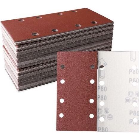 Lot de 30 feuilles abrasives 93 x 185 mm Papier abrasif carré auto agrippant 8 trous 80 grains Idéal pour ponçage, polissage et dérouillage Convient pour ponceuse rectangulaire (1/4)