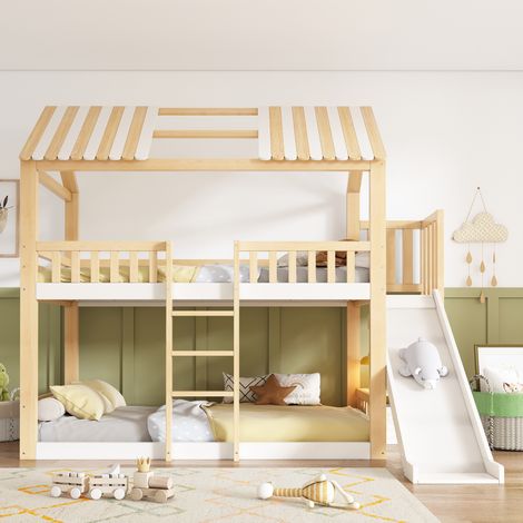 Lit superposé enfant 90x200 cm avec étagère et toboggan de 35 cm Lit double toit à pignon garde-corps de sécurité Naturel + Blanc (1/5)