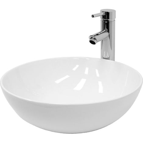 ECD Germany Waschbecken Waschtisch Ø 400 x 147 mm Keramik Rund Weiß inkl. Ablaufgarnitur für Waschbecken ohne Überlauf Aufsatzbecken Aufsatzwaschbecken Aufsatzwaschtisch Waschschale Spülbecken Becken