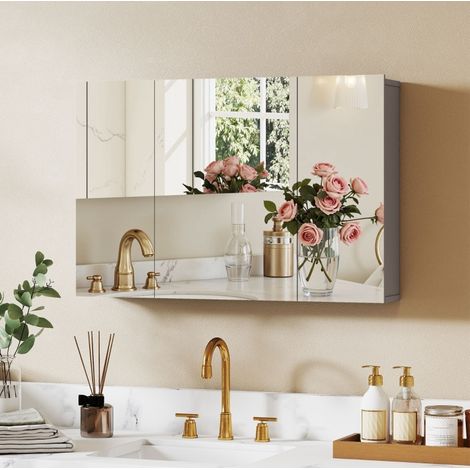 Meuble miroir de salle de bain 90x15x60 cm en MDF gris, avec rangement mural FLORAGRACE (1/5)