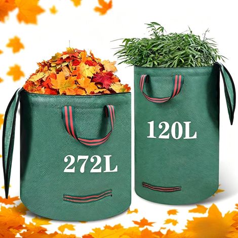Green Waste Garden Sack, Pack of 2 120L and 272L Green Waste Sacks, Garden Waste Bags with Lid and Handle, Durable, Waterproof, Suitable for Waste Grass, Leaves (1/5)