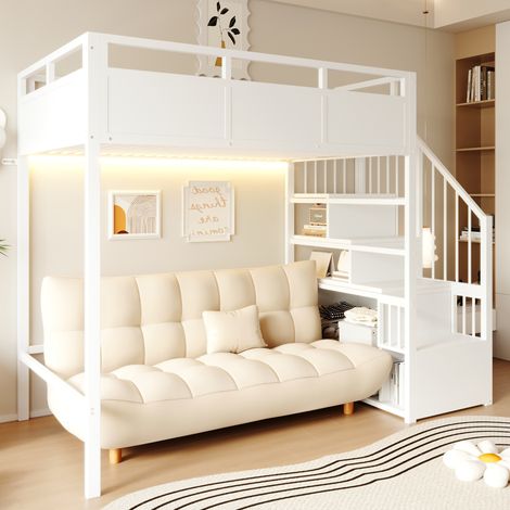 Modernluxe - Lit mezzanine en métal 90x200 cm - avec LED, barrières de sécurité et échelle de rangement - blanc (sans matelas) (1/5)