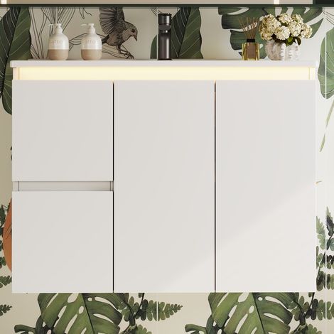 Meuble salle de bain suspendu, Meuble sous vasque avec lavabo en céramique, laqué avec LED capteur, design moderne, Blanc (1/5)