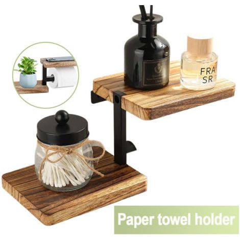 Porte-papier toilette mural en bois carbonisé – Tablette intégrée – Capacité 5 kg – Fixation à vis pour stabilité – Salle de bain et cuisine (1/5)