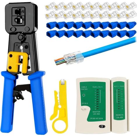 Kabeltester + RJ45-Crimpzange zum Durchstecken von CAT6-, Cat5e- und Cat5-Kabeln. Crimpzange für Standard-RJ45/RJ11-Kabel.