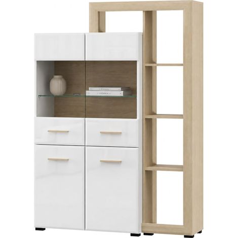 Vetrina Niel, Mobile Espositore 3 Ripiani, 4 Ante, con Piedini, Anta e Ripiano Dettaglio Vetro, 113x35x157h cm Marrone Rovere
