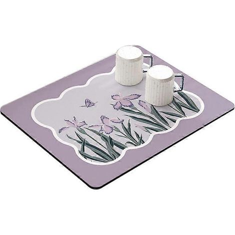 Tapis égouttoir de cuisine 30 x 40 cm, super absorbant, motif tulipe/violet (1/2)