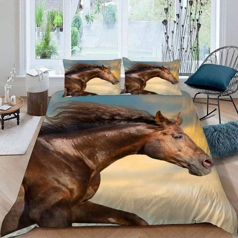 Parure de Lit Cheval 240x260 cm 2 Personnes Ultra Doux 3D Coucher De Soleil Cheval Housse de Couette en Microfibre - DEG (1/5)