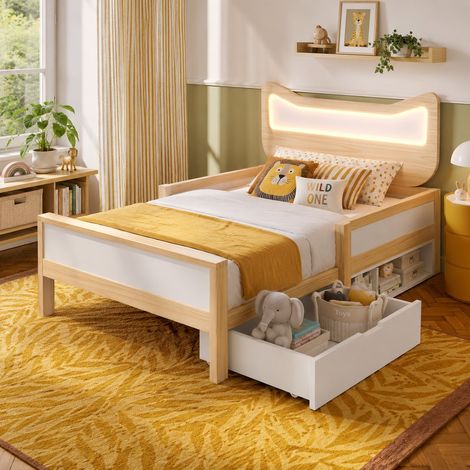 Lit Enfant 90x200cm - Tête de Lit Oreilles de Chat - LED RGB 60000 Couleurs - 1 Tiroir et 1 Compartiment Réversible - Barrières de Sécurité - Structure Bois - Capacité 150kg - Blanc et Chêne (1/5)