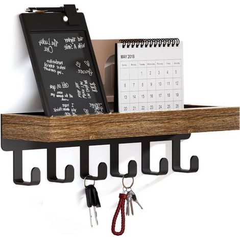 Schlüsselbrett mit Holzablage und 6 Haken multifunktionaler Schlüsselhalter Tastaturablage Schlüsselbrett mit Ablage für Flur Schlafzimmer und (1/5)