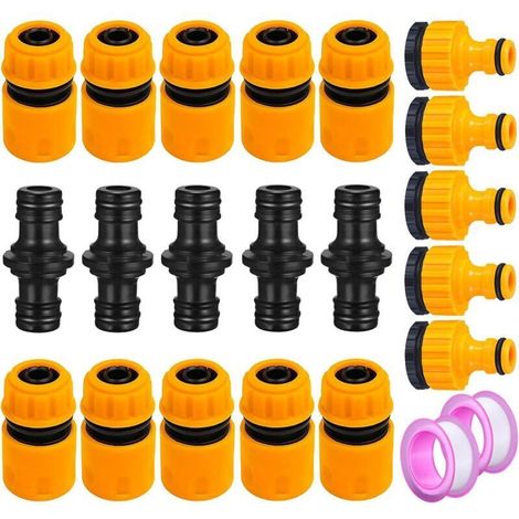 Garden hose connector, hose end connector, double male connector, quick hose extension connector (2 x threaded sealing strips) (1/5)