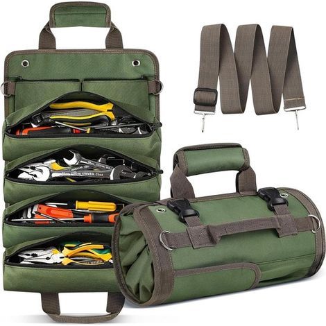 11-in-1 Roll-Up Werkzeugtasche - 49 x 32 cm - Grün - Canvas-Organizer mit 11 Fächern - 4 Reißverschlusstaschen, 5 Steckfächer und 2 Minitaschen (1/5)