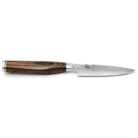 KAI Shun Premier Tim Mälzer Cuchillo de oficina japonés con hoja de 10 cm - Núcleo VG-MAX 61 (±1) HRC, 32 capas de Damasco pulido - Mango de madera de Pakka color marrón medio -Hecho en Japón