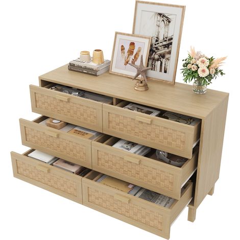 Buffet commode en bois naturel, six tiroirs aspect rotin, armoire spacieuse pour chambre à coucher, grand rangement intérieur