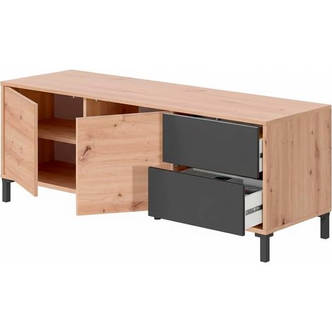 Mobile TV Madia Credenza Moderna Con 2 Ante E 2 Cassetti Mobile Contenitore Per Soggiorno Sala Da Pranzo Con Apertura Push E Gambe In ABS 47 x 130 x 41 Cm Rovere e Grigio Antracite