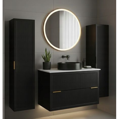 Meuble de salle de bain 60 cm – noir mat – 3 coloris de poignées – plan de toilette effet marbre noir – sans vasque (1/5)