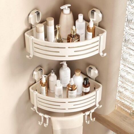 Etagere Douche Angle Ventouse, 2 PièCes Etagere Angle Salle De Bain Sans Percage avec Porte Serviettes et Crochets Rangement et Organisation de La Salle de Bain Support Gel Douche(Blanc) (1/5)