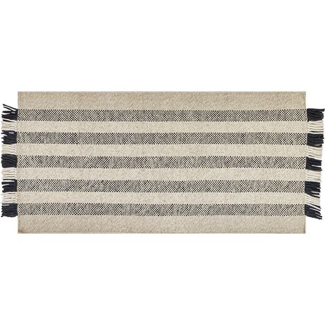 Alfombra de lana blanco crema negro 80 x 150 cm hecho a mano borlas Tacettin