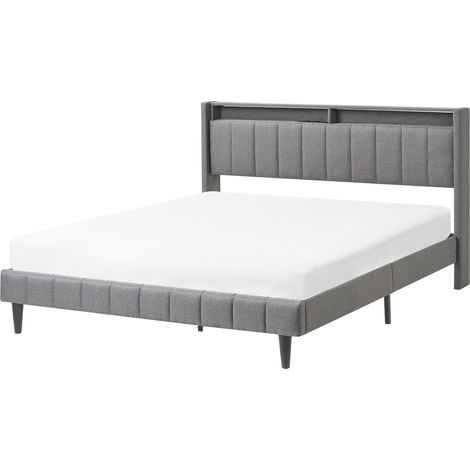 Cama LED tapizada en tela 160 x 200 cm con cabecero de almacenaje y luces LED USB gris oscuro Beaulieu (1/5)
