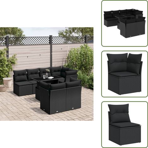 The Living Store Salon de jardin 8 pcs avec coussins noir résine tressée - Ensemble Salon De Jardin - Meuble Extérieur - Résine Tressée - Canapé D'extérieur - Table De Jardin (1/5)