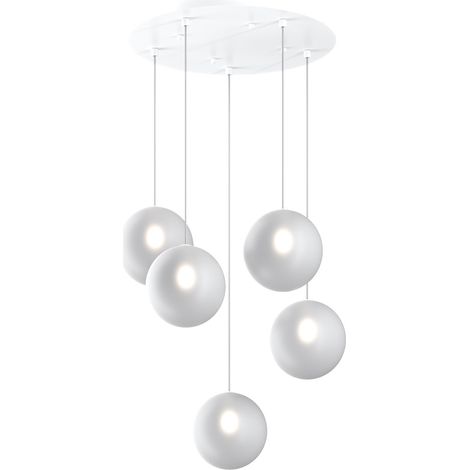 Sospensione Contemporanea Eclipse Metallo Bianco Vetro Bianco Fog 5 Luci G9
