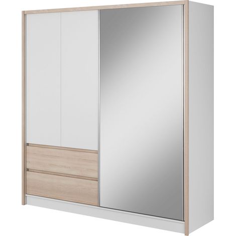 SARA Kleiderschrank 204 cm Schiebetür spiegel 2 schubladen weiß matt / sonoma eiche