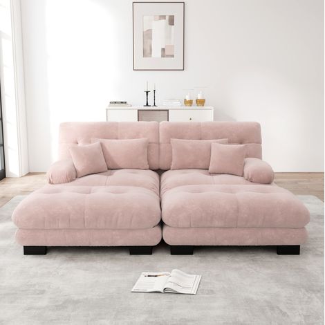 Divano modulare in ciniglia rosa con 2 pouf abbinati e cuscini, configurazione ad angolo o a U (1/5)