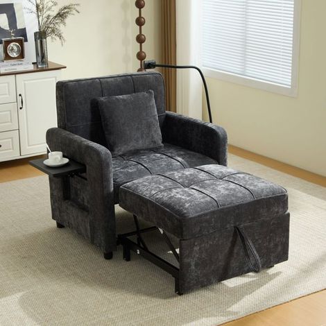 Chaise 2-en-1 convertible en canapé-lit une place, revêtement chenille, coussins et poches latérales (1/5)