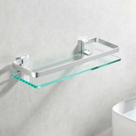 Étagère en verre de salle de bain en aluminium Rectangle en verre trempé 1 couche extra épaisse argent sablé support mural (1/5)