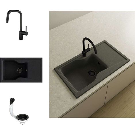 Pack Evier 1 bac avec égouttoir POALGI City Basalt + mitigeur avec douchette + bonde noire