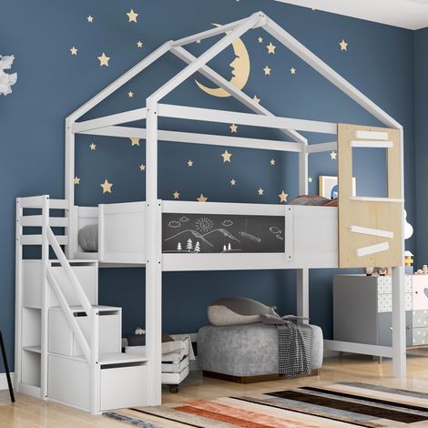 Letto per bambini letto a soppalco 90x200 cm letto di casa con scale, finestra, asse e 3 cassetti, casetta per bambini in legno massello con recinzione e rete a doghe, bianco (1/5)
