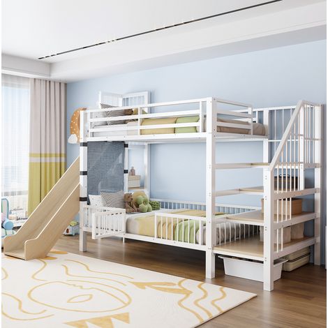 Cama alta infantil de metal 90x200 cm con tobogán, escalera de almacenamiento, blanca (1/5)