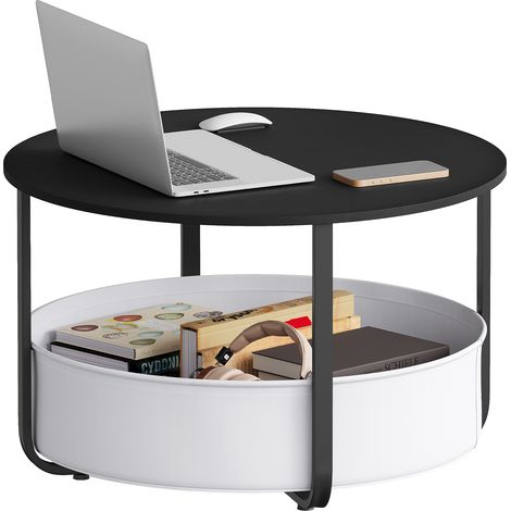WOLTU Table Basse Ronde, Table d'Appoint de Salon, avec Panier de Rangement en Toile, Ø 80 cm, Noir + Gris (1/5)