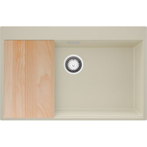 PRIMAGRAN Evier Cuisine en Granit 78x50cm,Lavabo 1 bac + Kit de Vidage + Planche à Découper, Évier à Encastrer au meuble 80cm - Oslo, Beige (1/5)