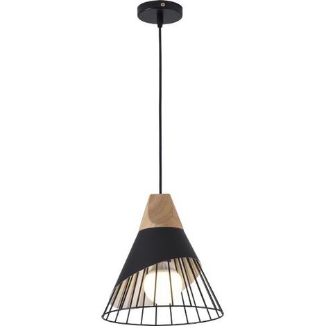 Suspension Luminaire Vintage,Bois Métal design Lampe Plafonnier Industrielle en Luminaires Suspension Abat-jour 27 Applique d'Eclairage pour salle à manger Cuisine,Noir (Ampoule Non Incluse) (1/5)