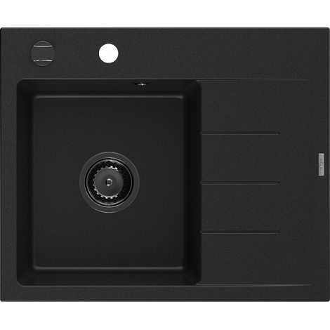 Mexen Ben évier en granit à 1 bac avec égouttoir à gauche 600 x 500 mm, noir, siphon noir - 6522605000-77-B (1/5)
