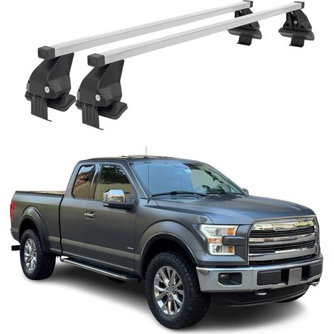OMAC Barres de toit transversales en acier pour Ford F-150 2015-2026 – Antivol inclus – Testées City Crash – DIN 75302:2019 – ISO/PAS 11154:2006 – Charge max 50 kg Argent (1/4)