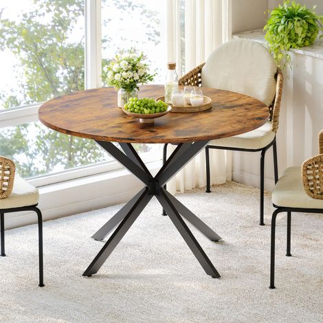 Table à manger ronde style industriel Ø120 cm avec pieds en X noirs vintage brun (1/5)