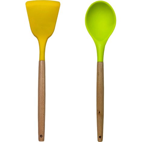 Ensemble Ustensiles Cuisine Silicone - Manche Bois Resistante Chaleur - Pour Casseroles Antiadhesives - Lot De 2 Pieces (1/5)