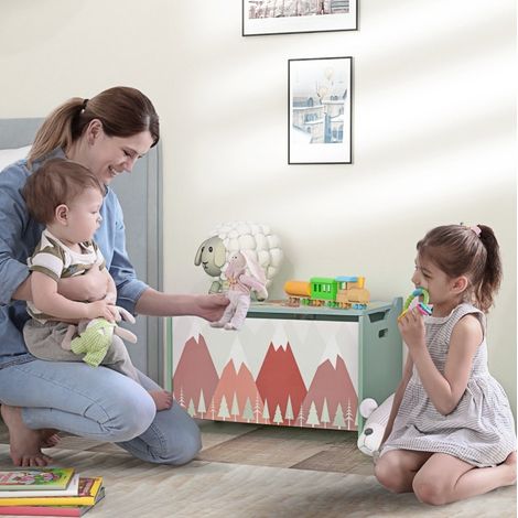 OKMYHOME Baule portagiochi per bambini con coperchio ribaltabile, legno, verde, 60 x 37 x 39 cm (1/5)
