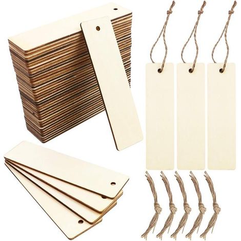 50 etiquetas de regalo de madera en blanco, Etiquetas rectangulares de madera para manualidades cordel, Marcapáginas madera blanco, 12 x 3,3 cm (1/5)